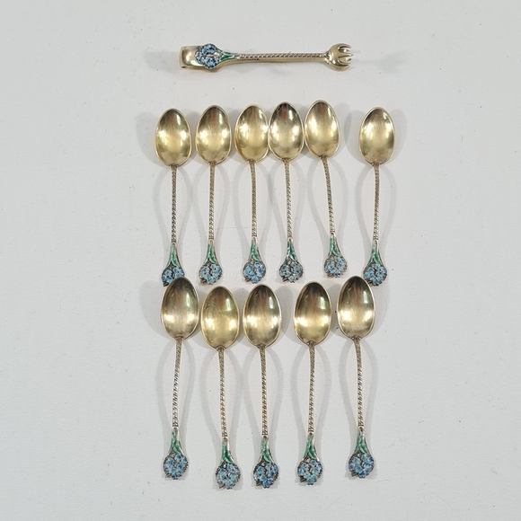 Gorham Sterling & Enamel Flowers Demitasse Spoons Set of 11 & Sugar Tong #808 - Picture 12 of 12